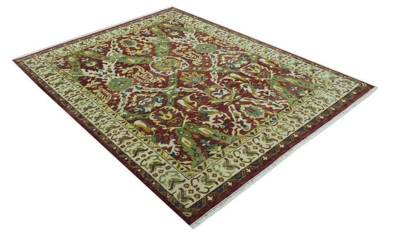 Maroon and Green Hand Knotted Traditional Large Design Multi Size wool area rug - The Rug Decor