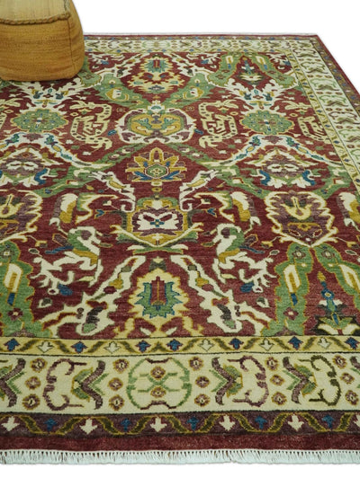 Maroon and Green Hand Knotted Traditional Large Design Multi Size wool area rug - The Rug Decor