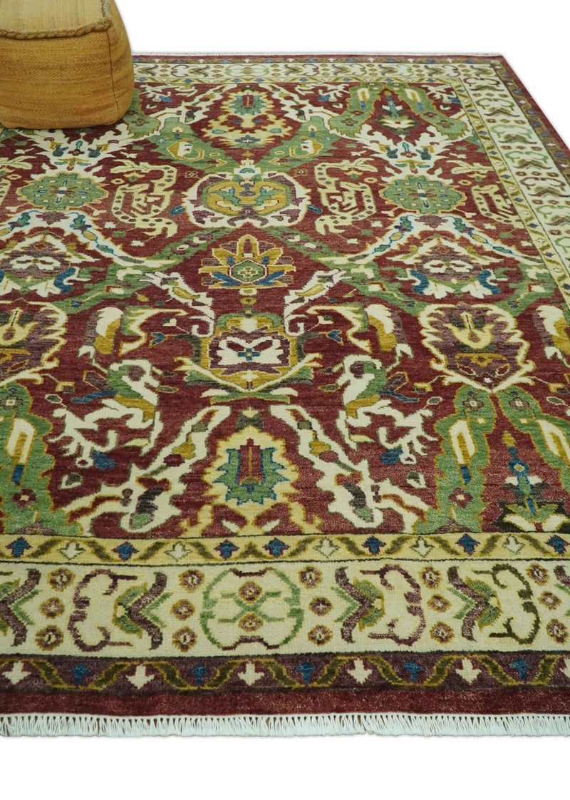 Maroon and Green Hand Knotted Traditional Large Design Multi Size wool area rug - The Rug Decor