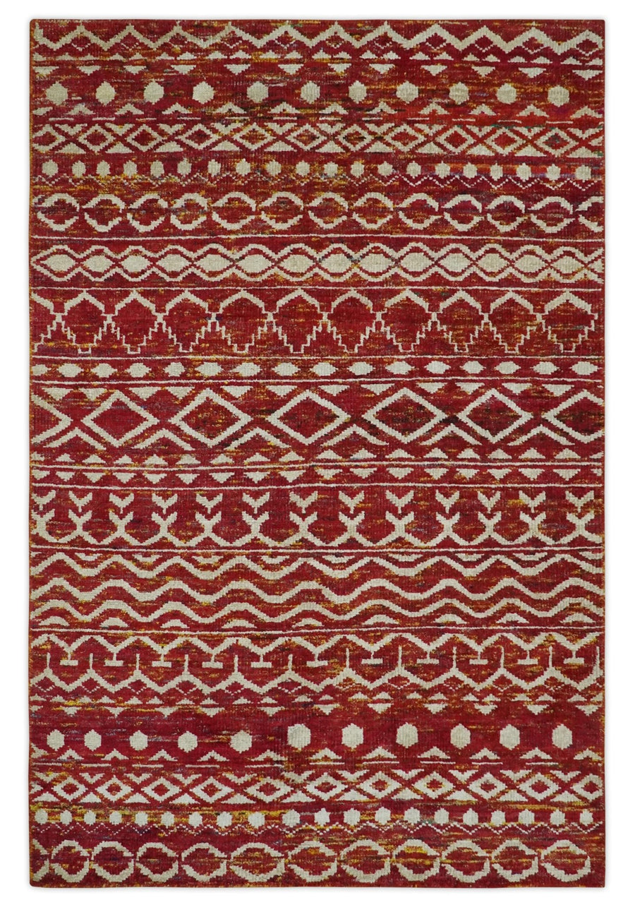 Maroon and Ivory 5.6x8.6 Hand Knotted Southwestern Tribal Trellis Recycled Silk Rug - The Rug Decor