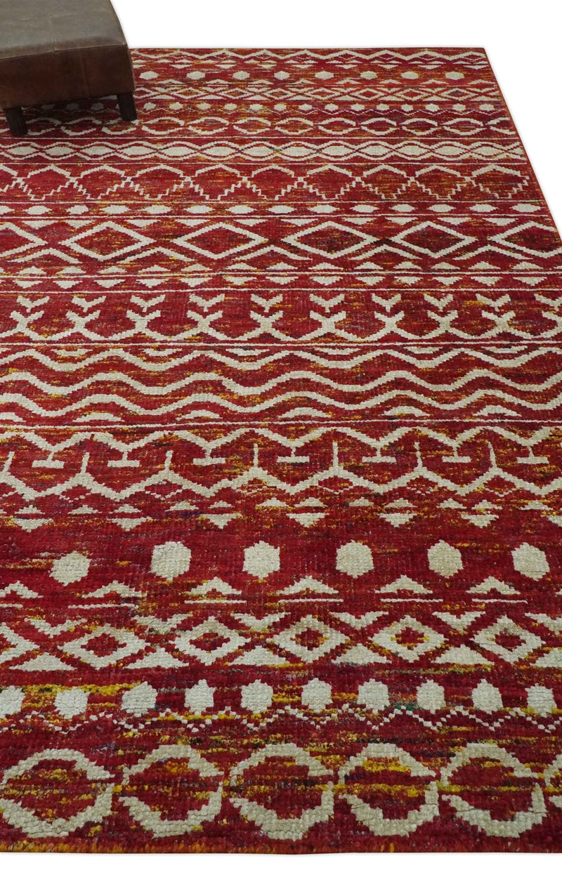Maroon and Ivory 5.6x8.6 Hand Knotted Southwestern Tribal Trellis Recycled Silk Rug - The Rug Decor