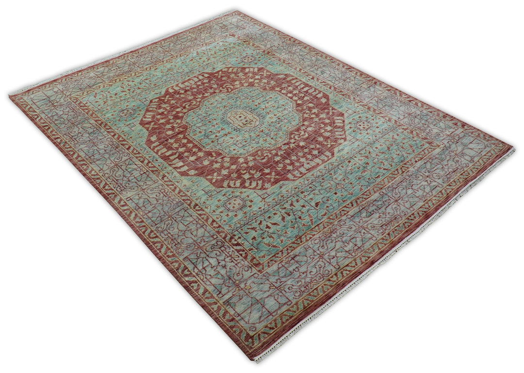 Maroon And Teal Traditional Mamluk Design Hand knotted 9x12 Wool Rug - The Rug Decor