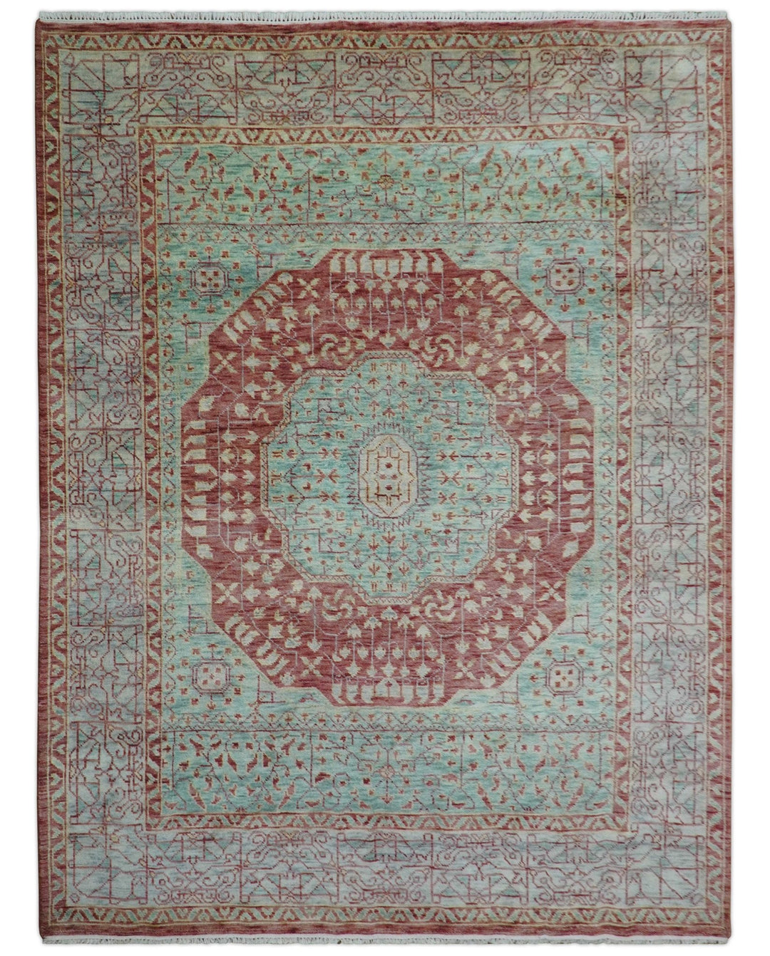 Maroon And Teal Traditional Mamluk Design Hand knotted 9x12 Wool Rug - The Rug Decor