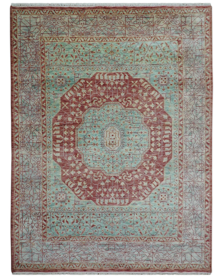 Maroon And Teal Traditional Mamluk Design Hand knotted 9x12 Wool Rug - The Rug Decor