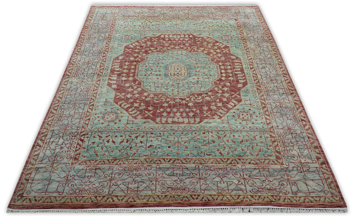 Maroon And Teal Traditional Mamluk Design Hand knotted 9x12 Wool Rug - The Rug Decor