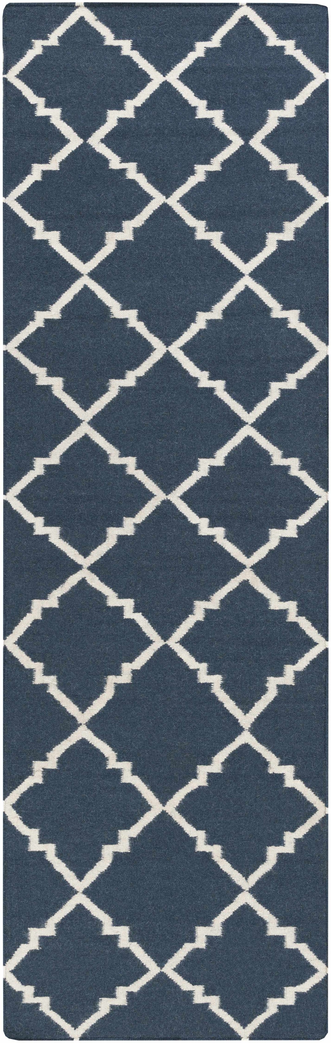 Blue and ivory geometric runner rug with repeating diamond cross pattern