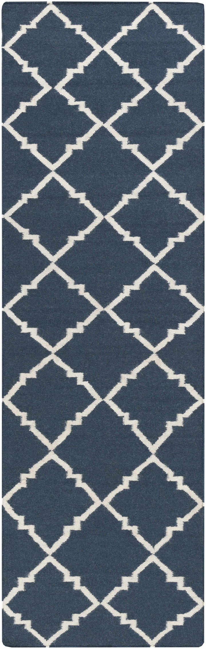 Blue and ivory geometric runner rug with repeating diamond cross pattern