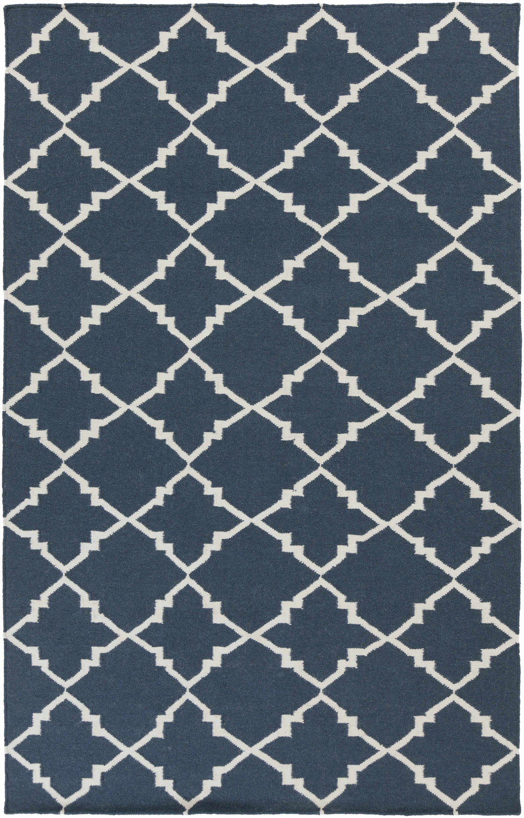 Blue and ivory geometric trellis area rug with repeating diamond cross pattern