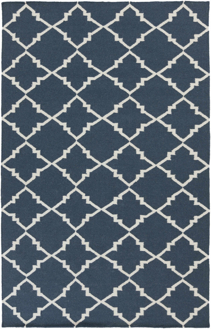 Blue and ivory geometric trellis area rug with repeating diamond cross pattern