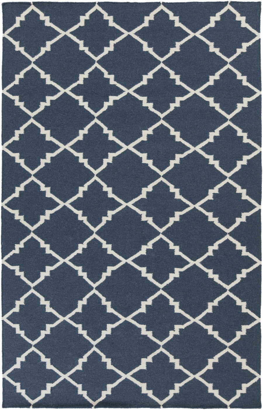Blue and ivory geometric trellis area rug with repeating diamond cross pattern
