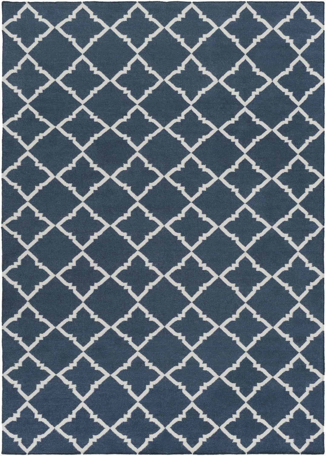 Blue and ivory geometric trellis area rug with repeating diamond lattice pattern