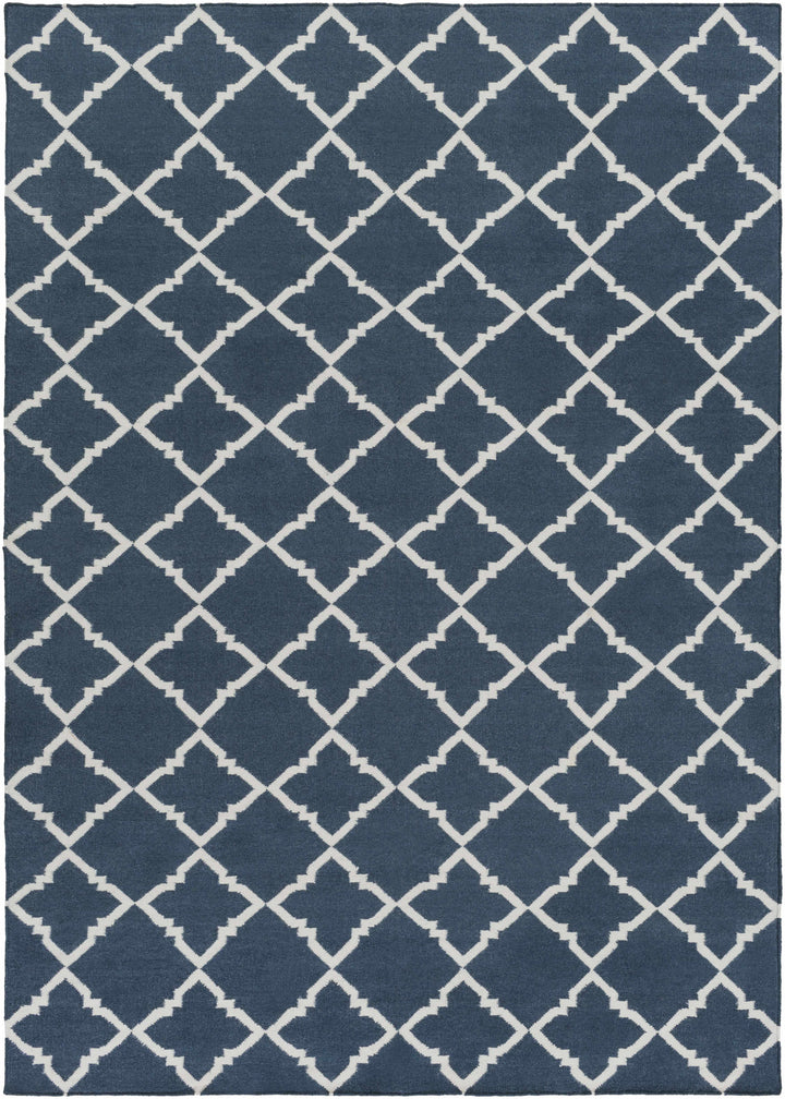 Blue and ivory geometric trellis area rug with repeating diamond lattice pattern