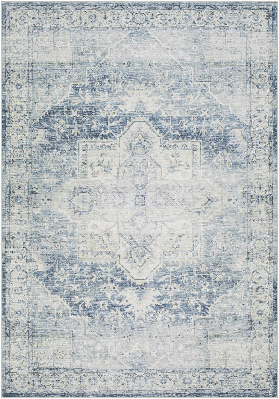 Mauro Traditional Medallion Design Blue And Beige Washable Area Rug - The Rug Decor
