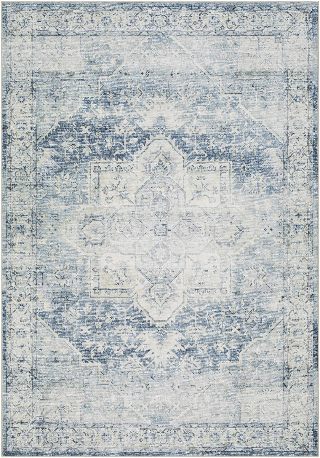Mauro Traditional Medallion Design Blue And Beige Washable Area Rug