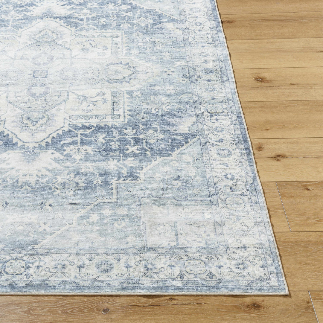 Mauro Traditional Medallion Design Blue And Beige Washable Area Rug