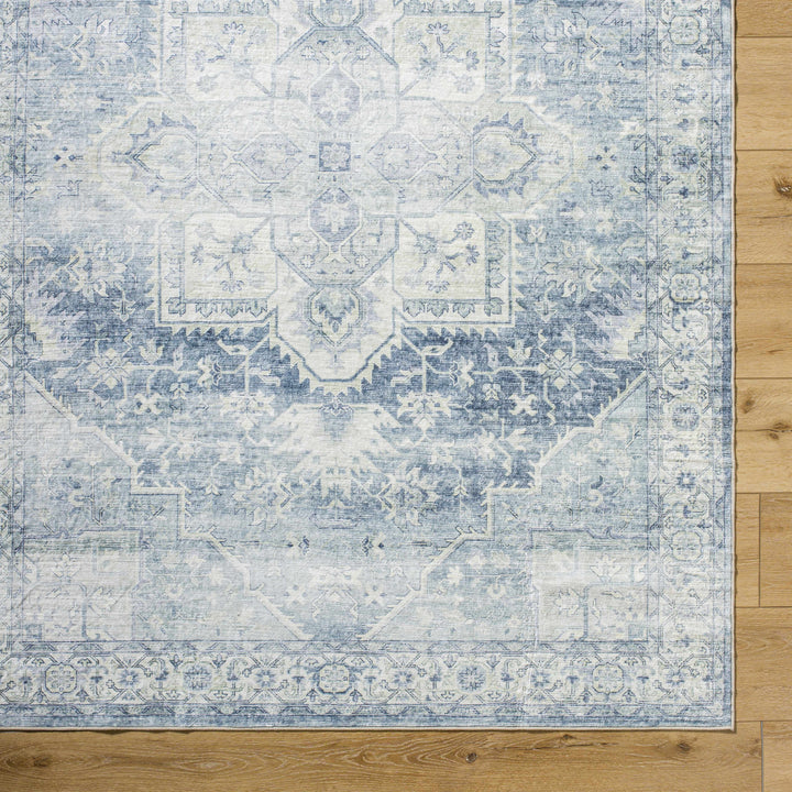 Mauro Traditional Medallion Design Blue And Beige Washable Area Rug