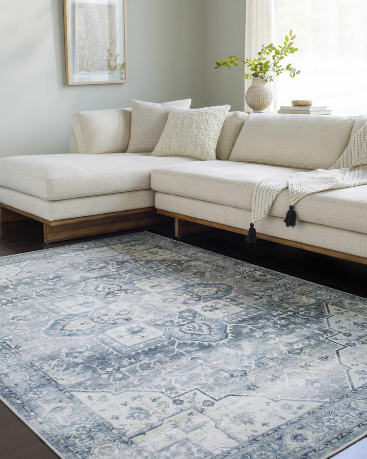 Mauro Traditional Medallion Design Blue Washable Area Rug
