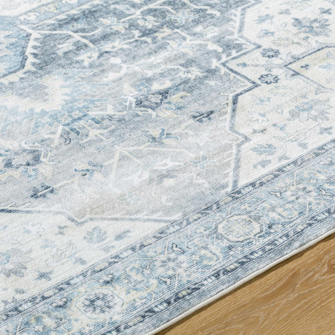 Mauro Traditional Medallion Design Blue Washable Area Rug