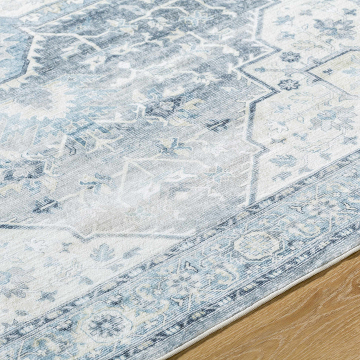 Mauro Traditional Medallion Design Blue Washable Area Rug