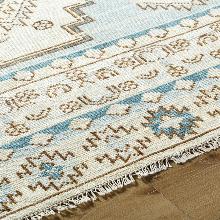 McColl Transitional Style Cream And Teal Hand Knotted Wool Rug - The Rug Decor