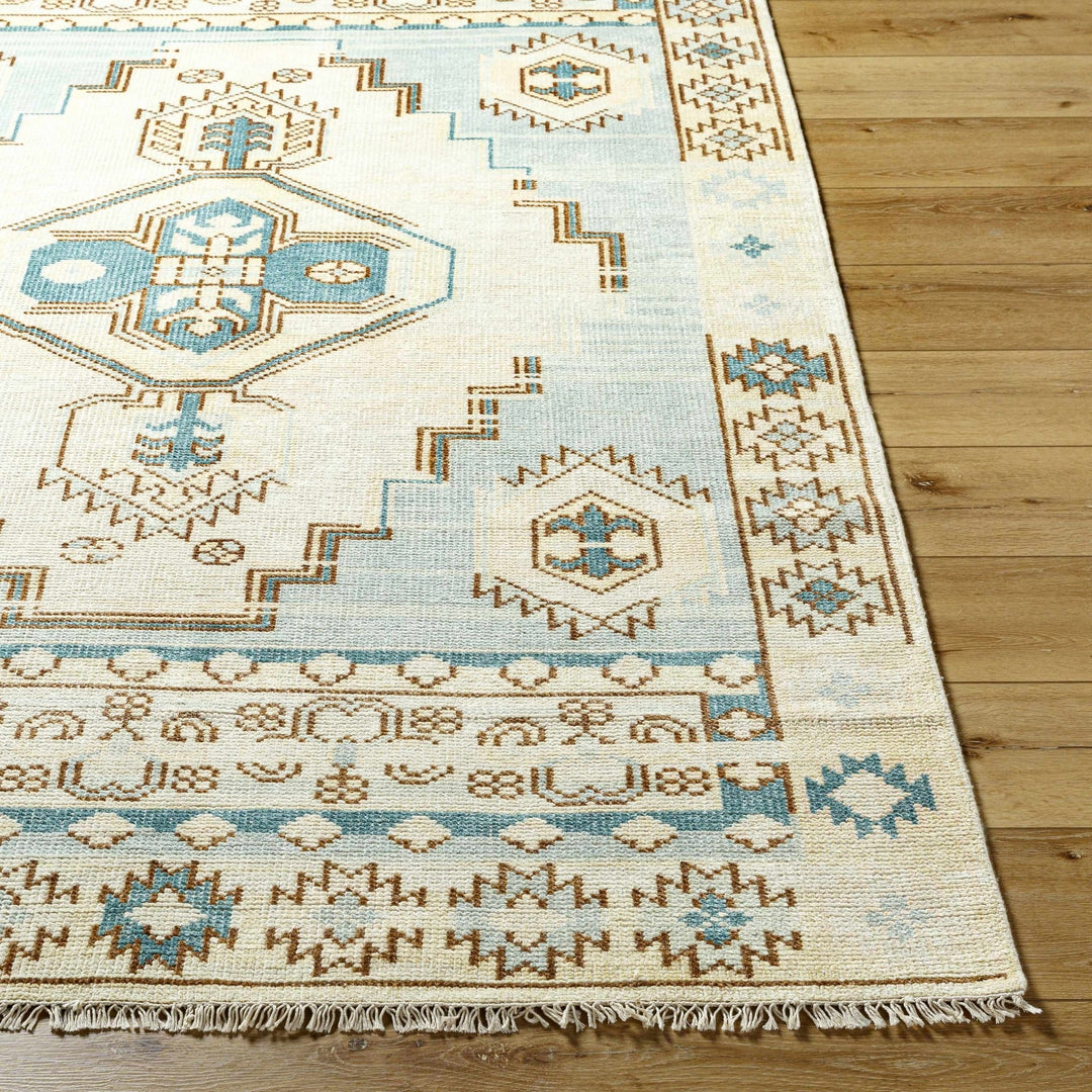 McColl Transitional Style Cream And Teal Hand Knotted Wool Rug - The Rug Decor