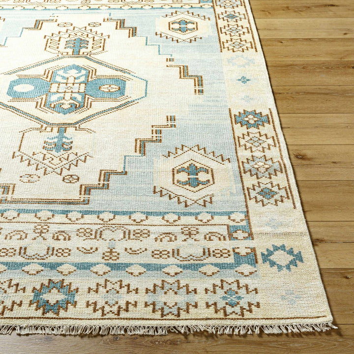 McColl Transitional Style Cream And Teal Hand Knotted Wool Rug - The Rug Decor