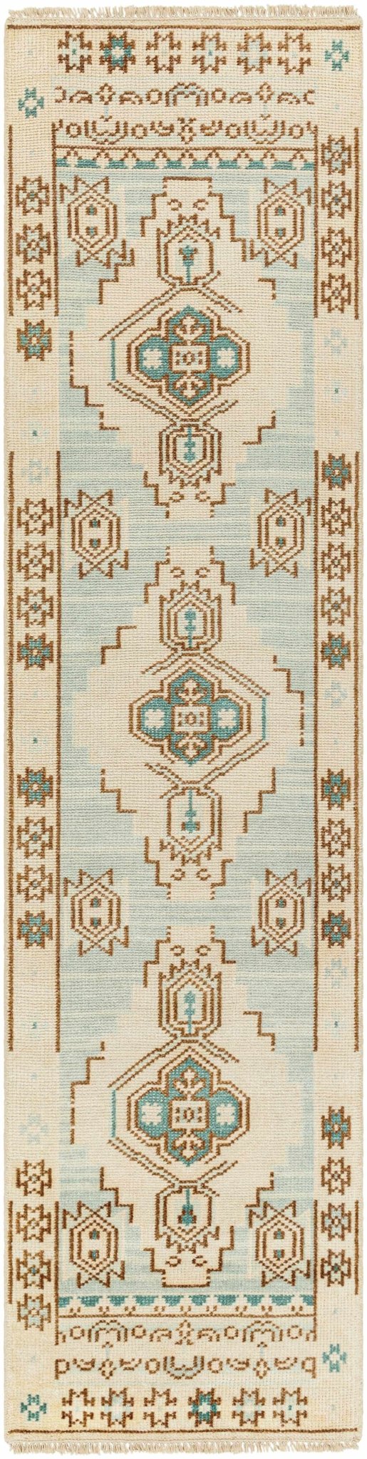 McColl Transitional Style Cream And Teal Hand Knotted Wool Rug - The Rug Decor