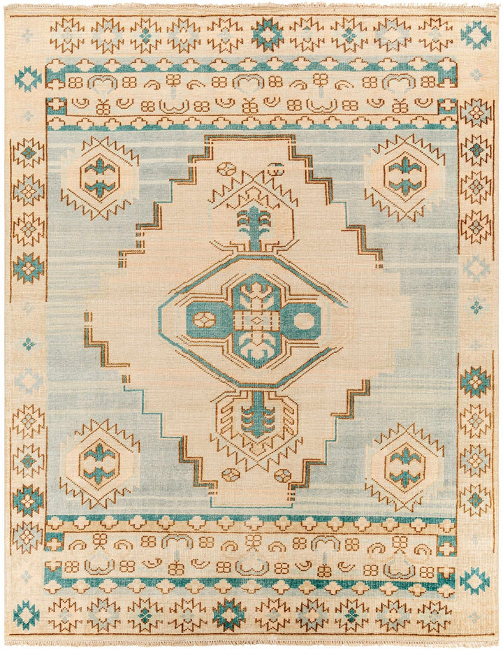 McColl Transitional Style Cream And Teal Hand Knotted Wool Rug - The Rug Decor