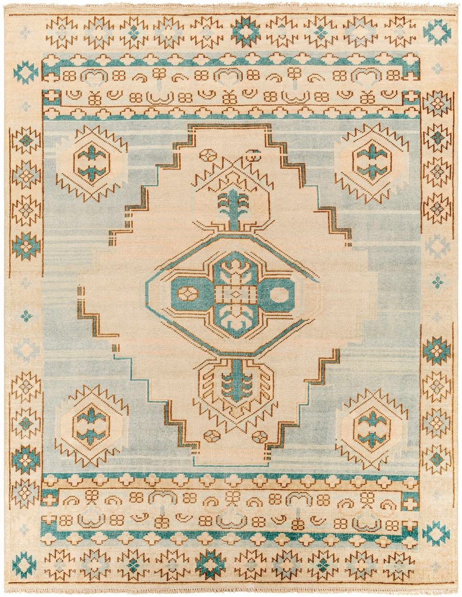 McColl Transitional Style Cream And Teal Hand Knotted Wool Rug - The Rug Decor