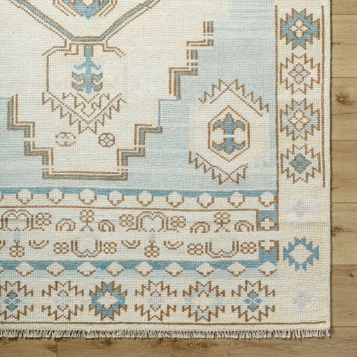McColl Transitional Style Cream And Teal Hand Knotted Wool Rug - The Rug Decor