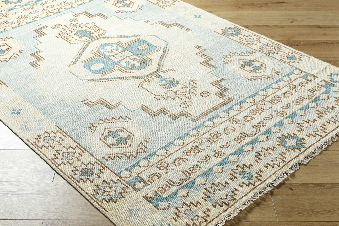 McColl Transitional Style Cream And Teal Hand Knotted Wool Rug - The Rug Decor