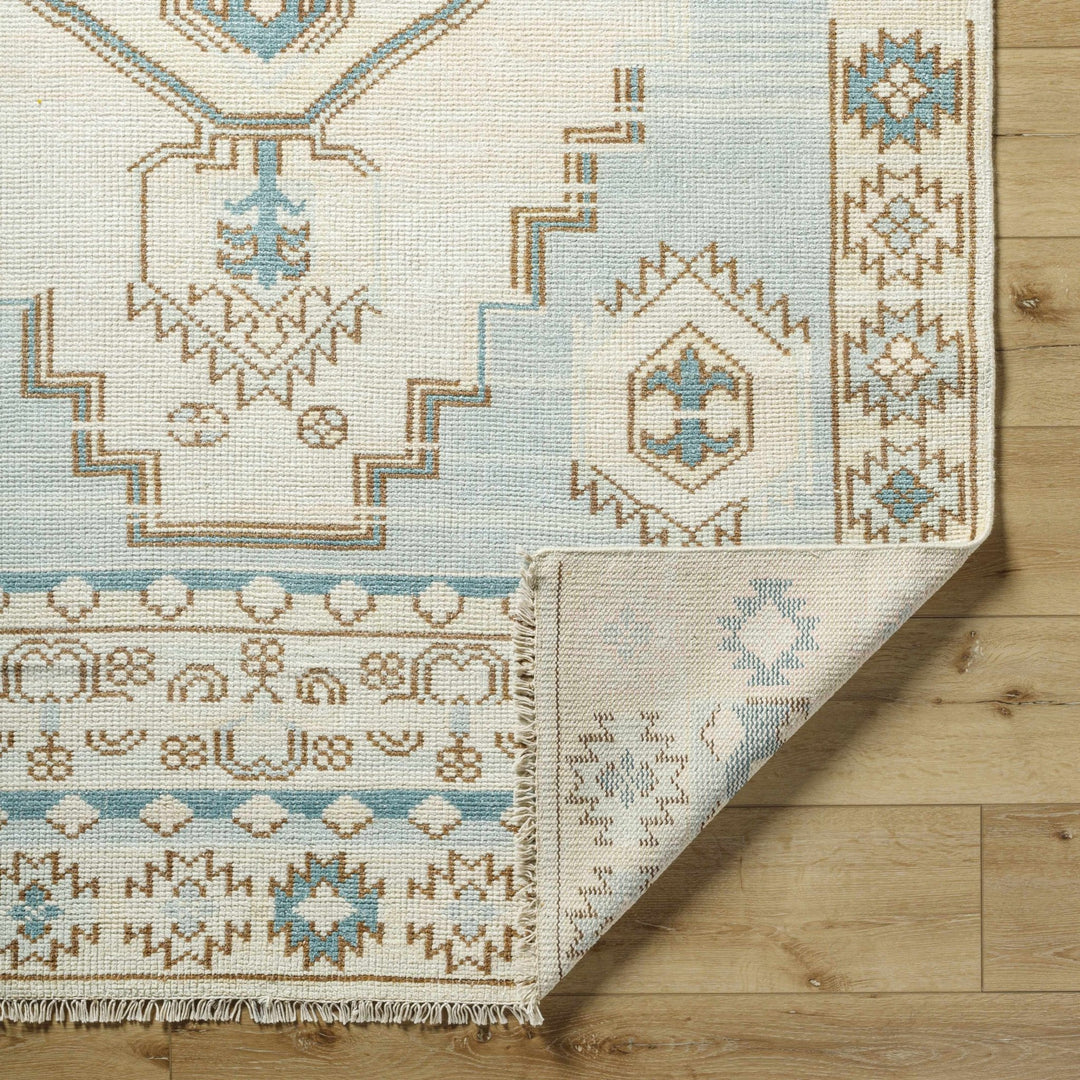 McColl Transitional Style Cream And Teal Hand Knotted Wool Rug - The Rug Decor