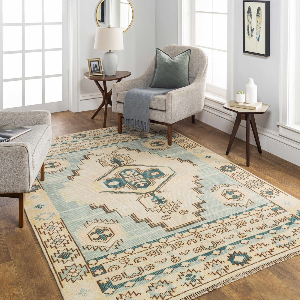 McColl Transitional Style Cream And Teal Hand Knotted Wool Rug - The Rug Decor
