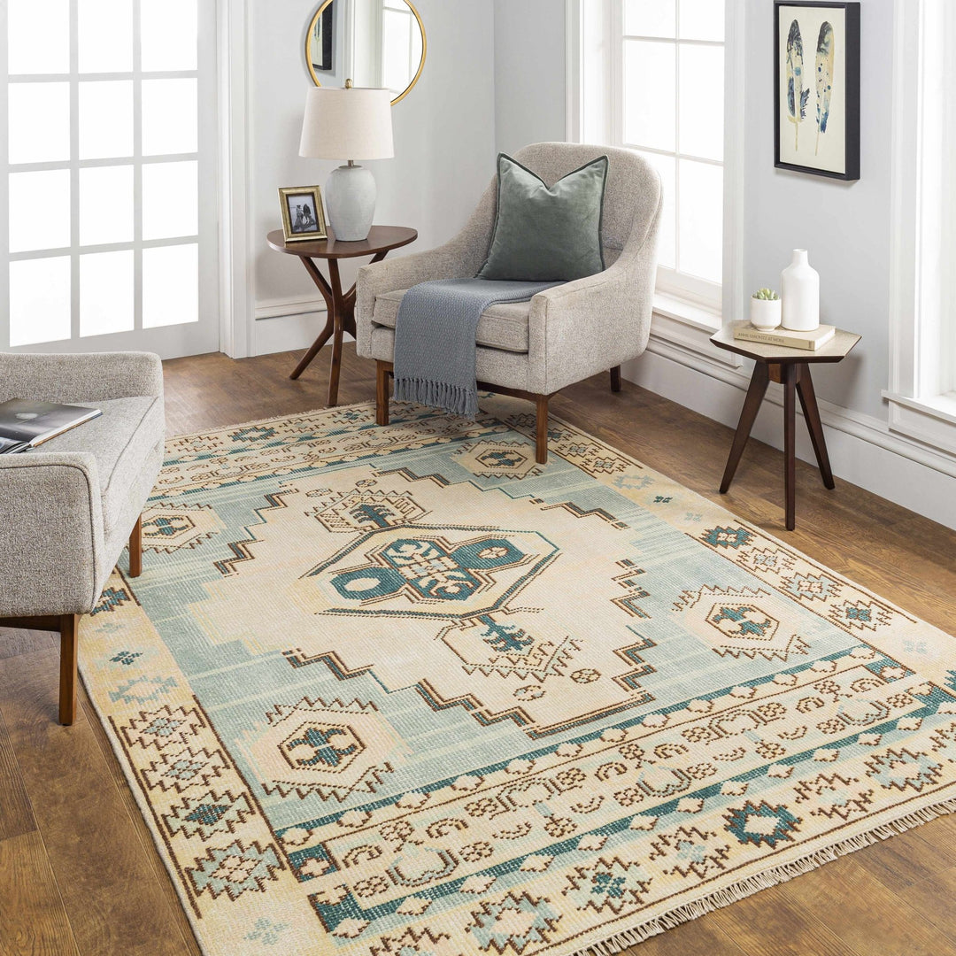 McColl Transitional Style Cream And Teal Hand Knotted Wool Rug - The Rug Decor