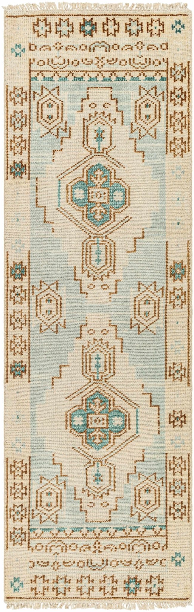 McColl Transitional Style Cream And Teal Hand Knotted Wool Rug - The Rug Decor