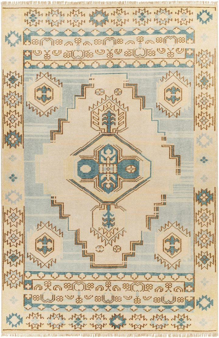 McColl Transitional Style Cream And Teal Hand Knotted Wool Rug - The Rug Decor