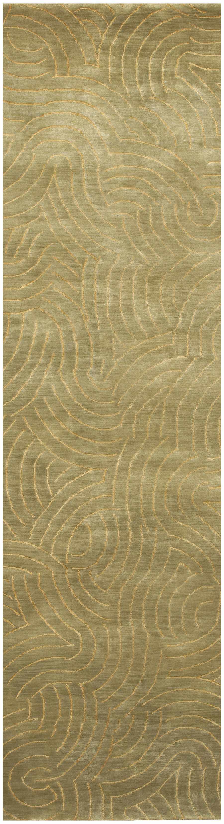 Vertical rectangular area rug with abstract olive and mustard swirl lines, low-pile look