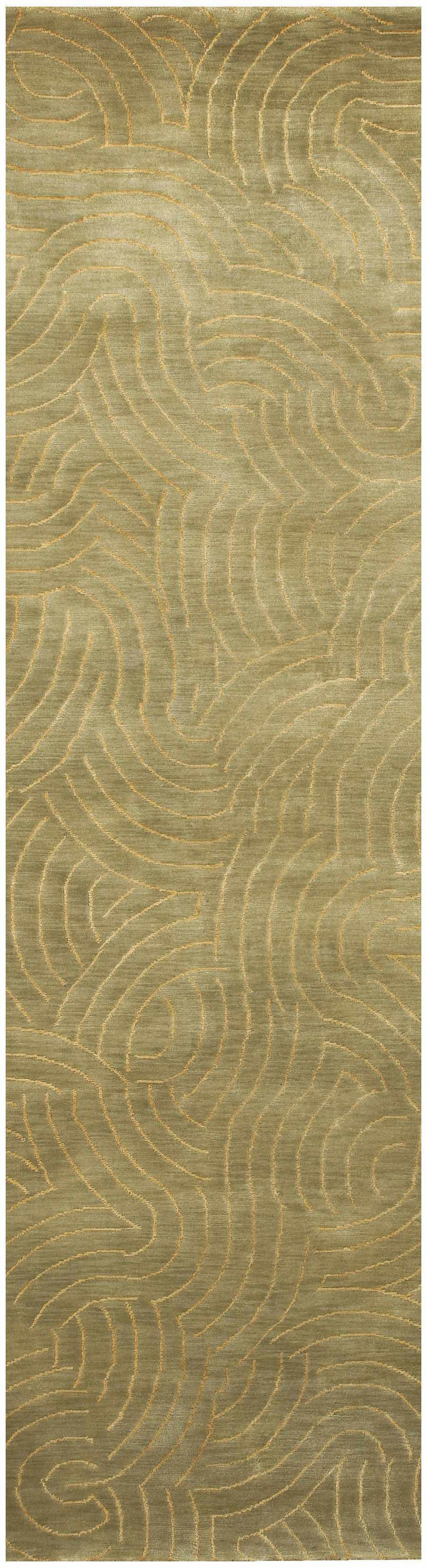 Vertical rectangular area rug with abstract olive and mustard swirl lines, low-pile look
