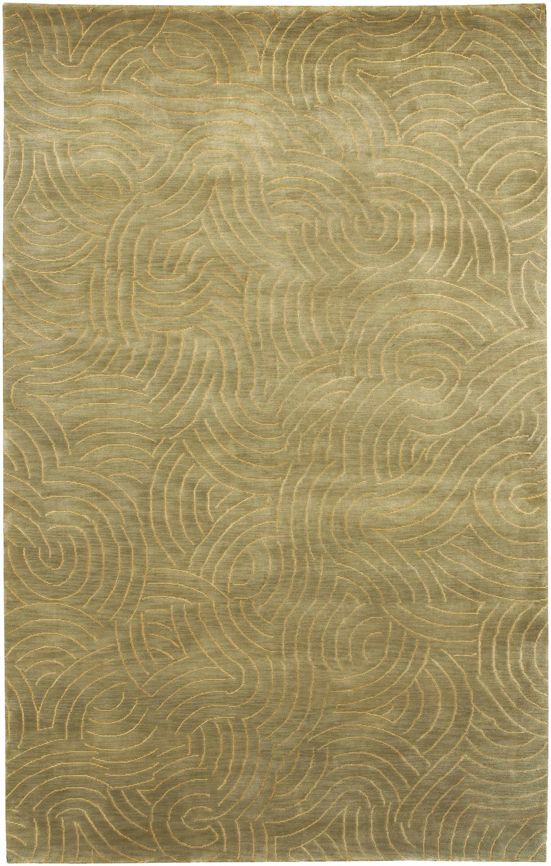 Rectangular area rug with abstract olive and mustard swirl lines, low-pile look