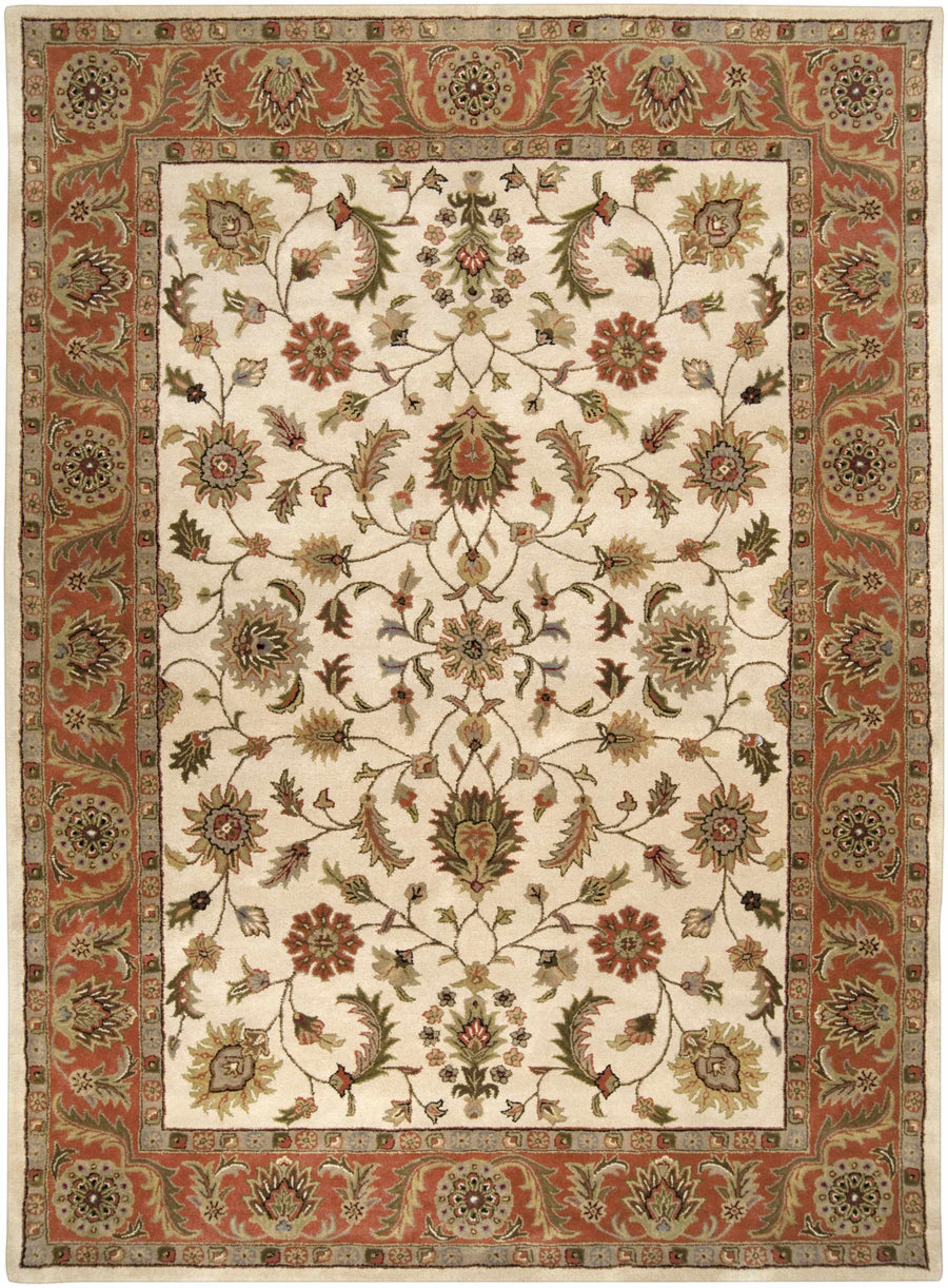 Hand-tufted wool area rug with ivory floral medallion center and rust border pattern