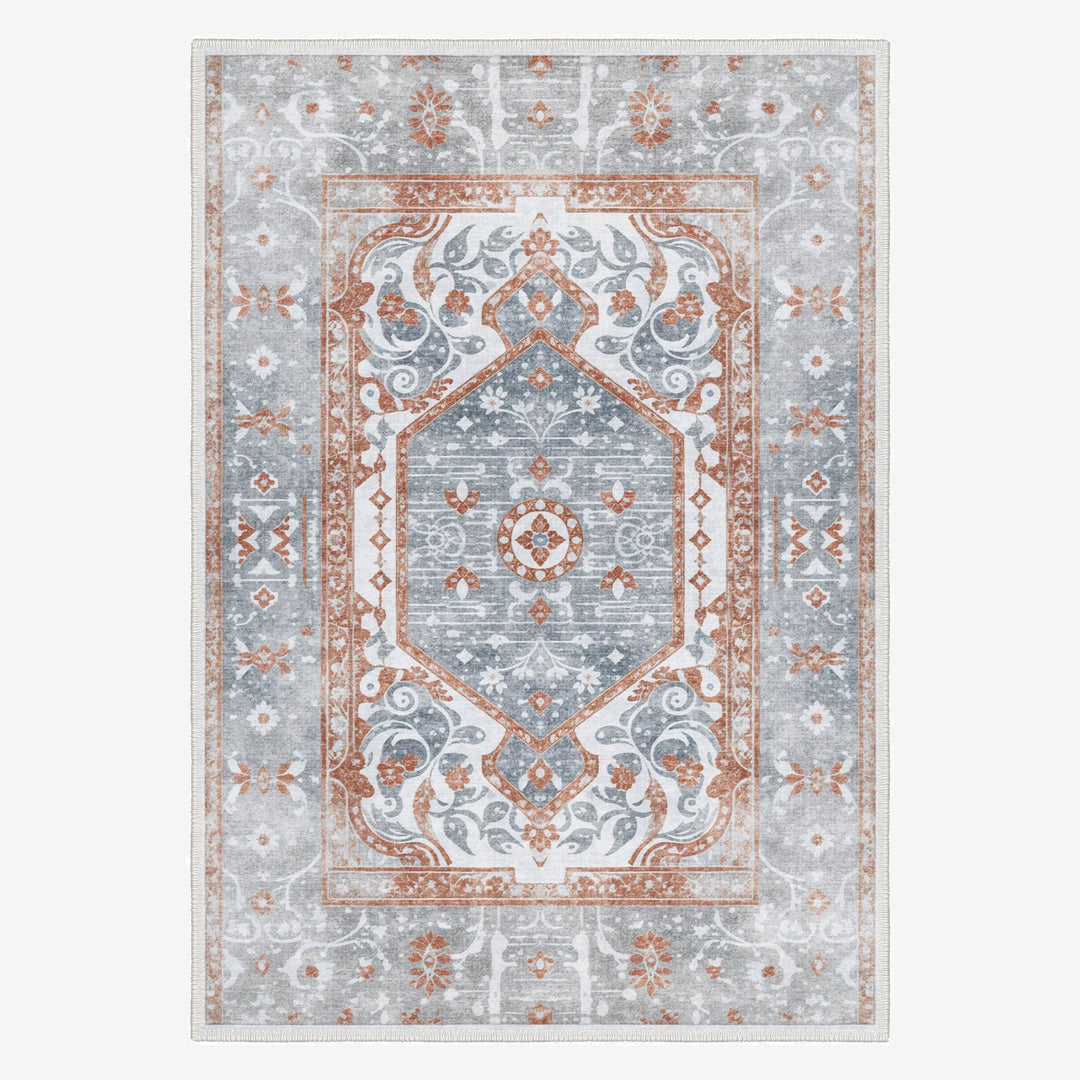 Medallion Design Silver And Rust Machine Washable Cotton Area Rug - The Rug Decor