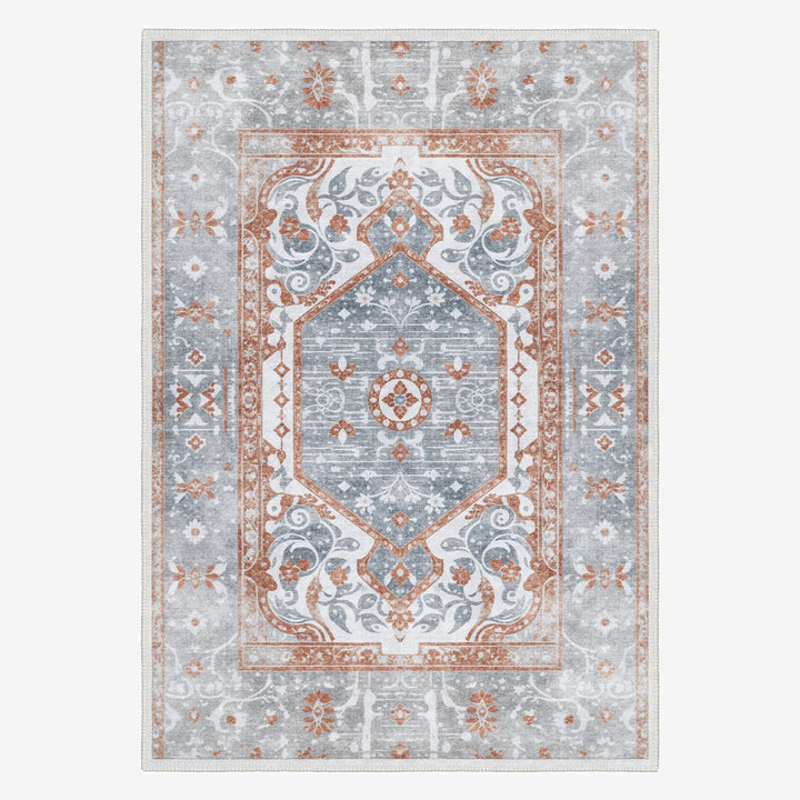 Medallion Design Silver And Rust Machine Washable Cotton Area Rug - The Rug Decor