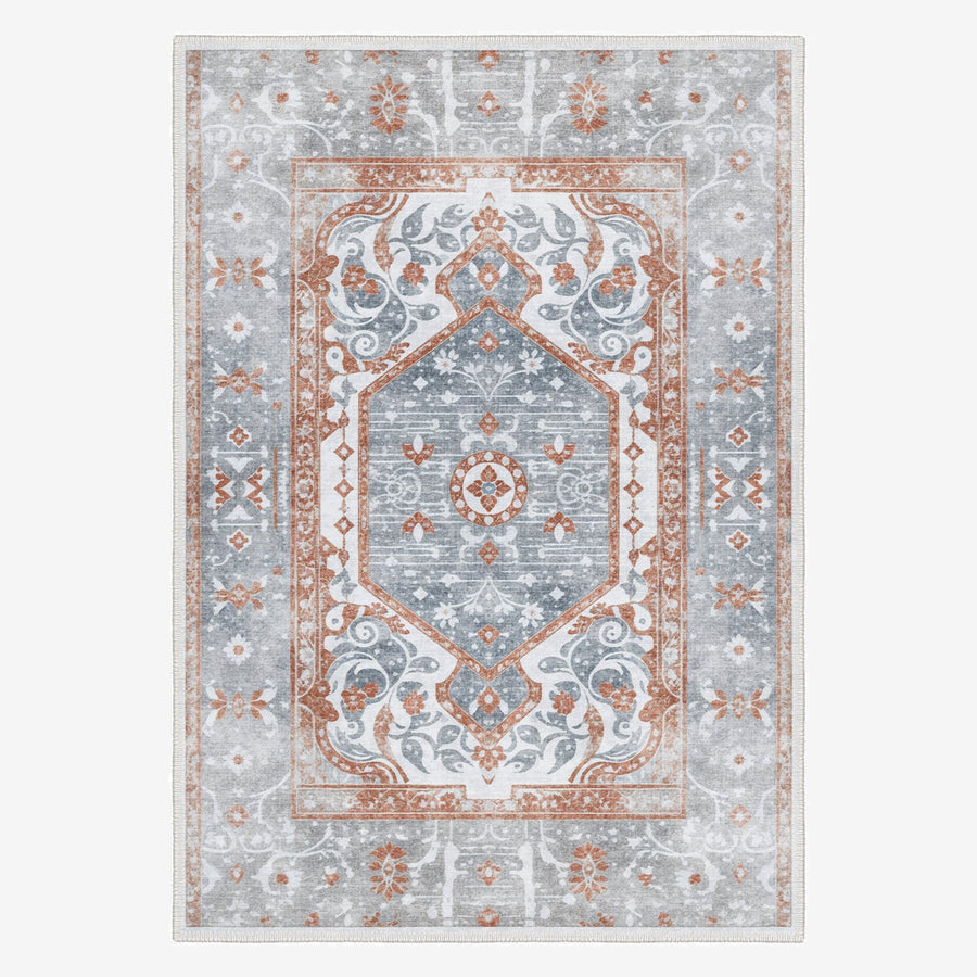 Medallion Design Silver And Rust Machine Washable Cotton Area Rug - The Rug Decor