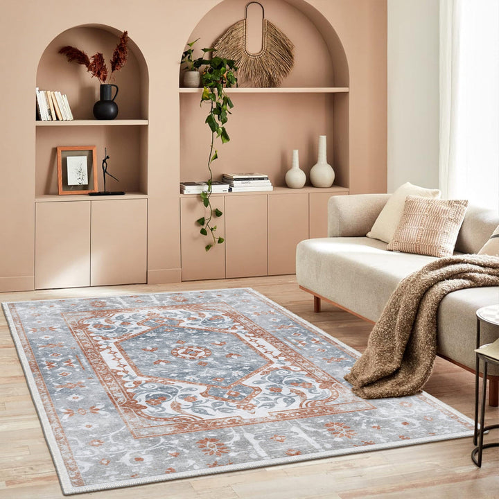 Medallion Design Silver And Rust Machine Washable Cotton Area Rug - The Rug Decor