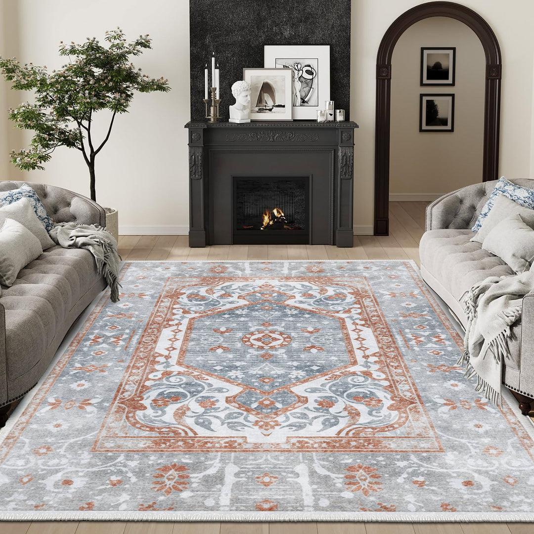 Medallion Design Silver And Rust Machine Washable Cotton Area Rug - The Rug Decor