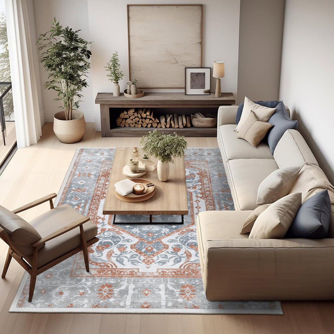 Medallion Design Silver And Rust Machine Washable Cotton Area Rug - The Rug Decor