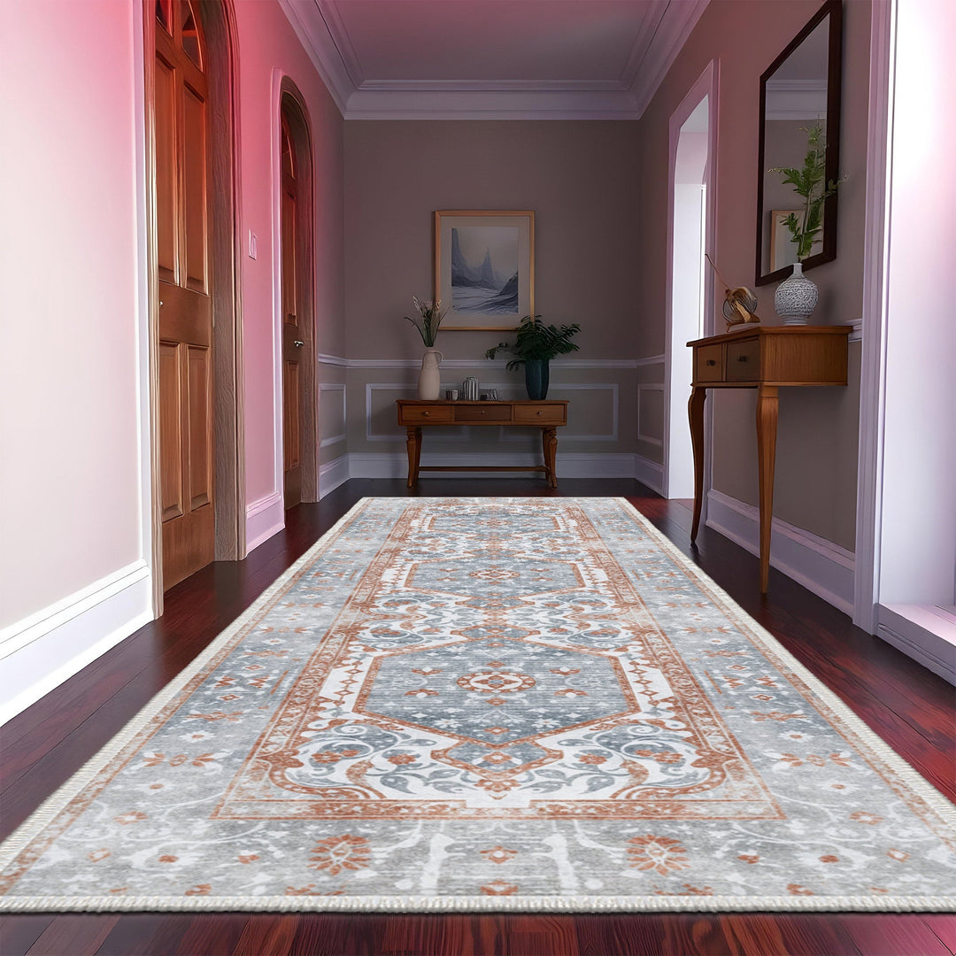 Medallion Design Silver And Rust Machine Washable Cotton Area Rug - The Rug Decor