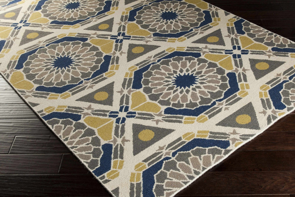 Mesena Tribal Design Ivory And Blue Hand Knotted Wool Rug - The Rug Decor