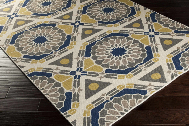 Mesena Tribal Design Ivory And Blue Hand Knotted Wool Rug - The Rug Decor