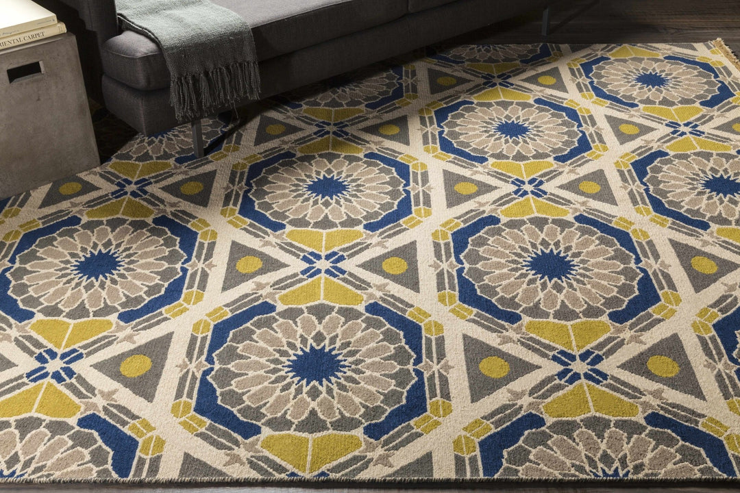 Mesena Tribal Design Ivory And Blue Hand Knotted Wool Rug - The Rug Decor